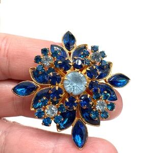 Vintage Blue Rhinestone Floral Brooch - Goldtone Statement Pin